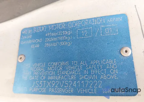 2002 Suzuki Xl-7 Limited/Plus/Standard/Touring из США, поврежденный, VIN JS3TX92V524117222